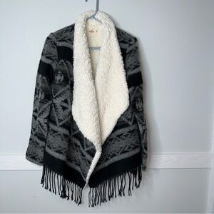 Hollister Black and Cream Aztec Print Fringe Cardigan